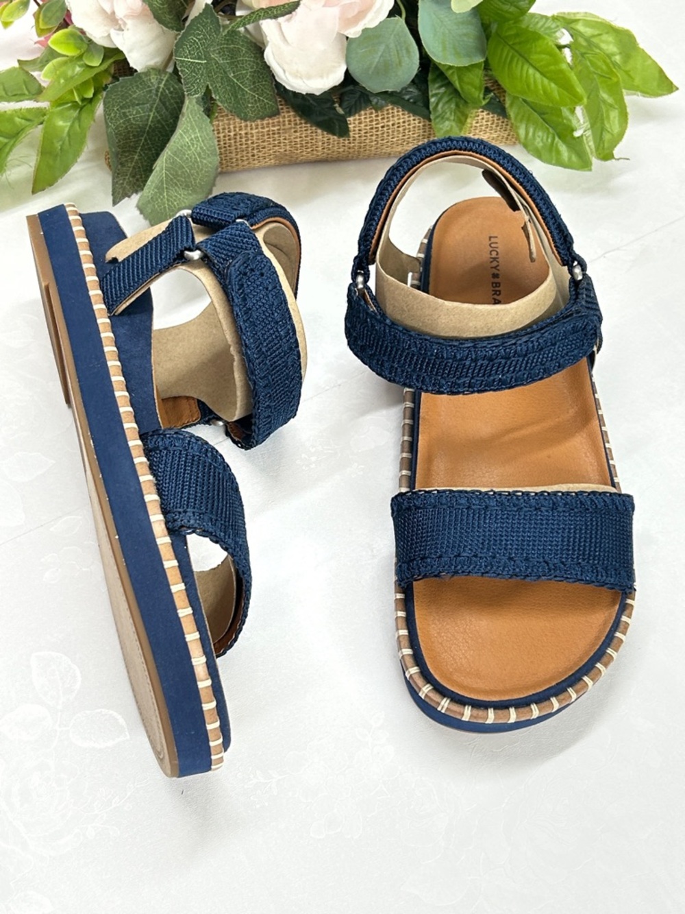 Lucky Brand Navy Textile Strap Sandals with Tan Footbed - Picture 2 of 5